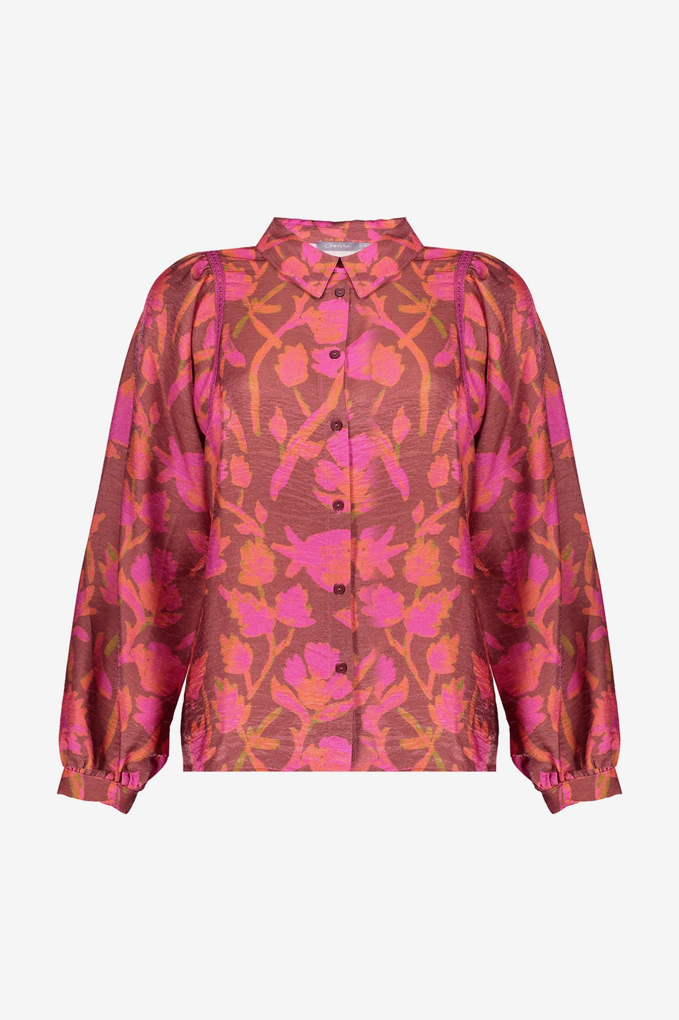 Geisha Damenbluse mit farbenfrohem Blumenmuster und feinen Details