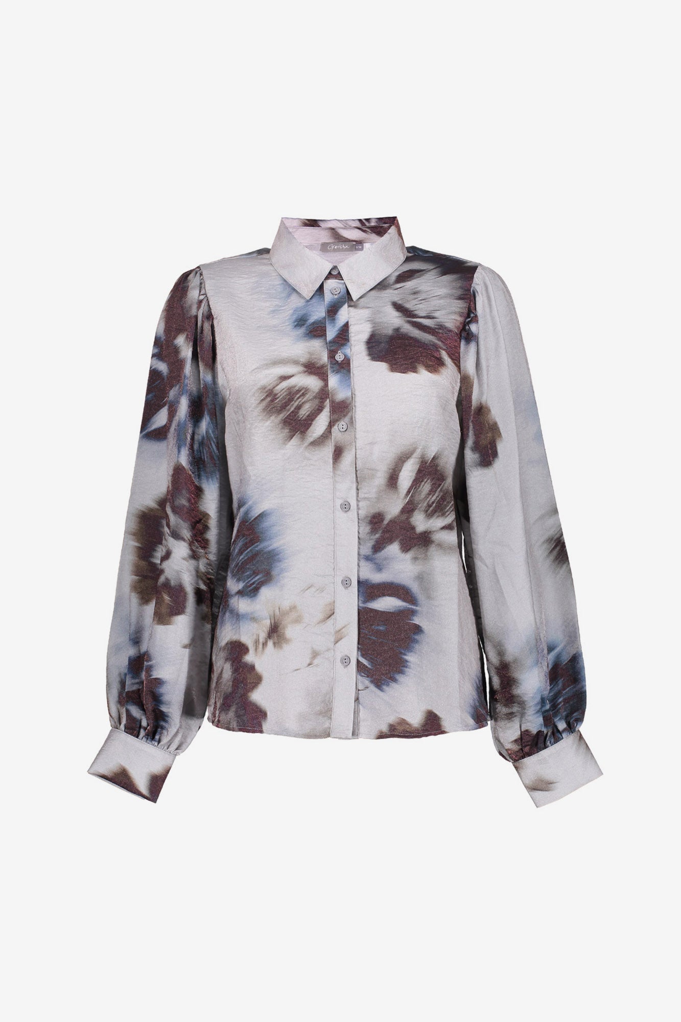 Geisha Damenbluse in Grau mit Aquarell-Blumenmuster und Glanzeffekt