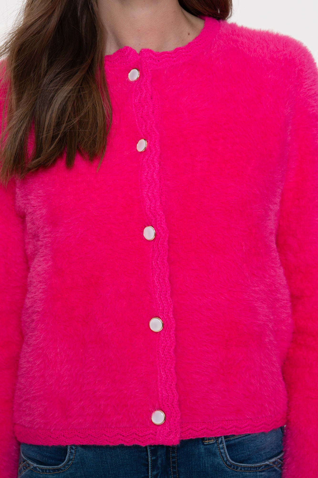 Geisha Damenflauschige Strickjacke mit Häkel-Details