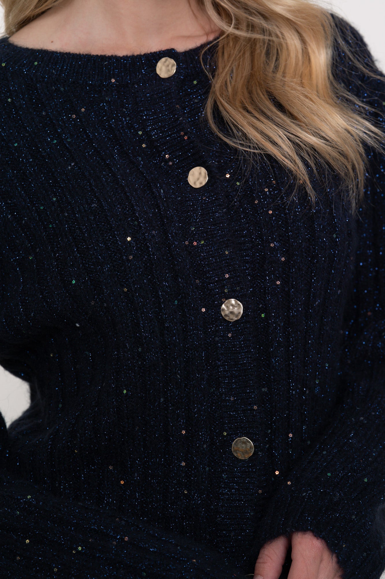Geisha Damenstrickjacke in Navy mit goldenen Knöpfen und Glitzer-Detail