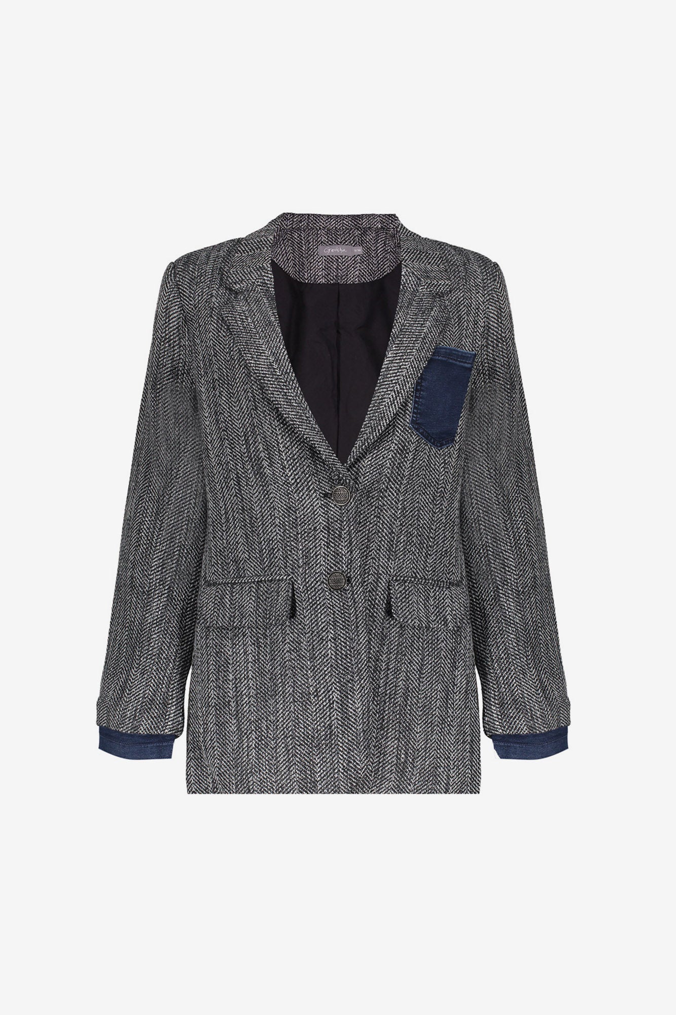 Geisha Damen-Langblazer mit Fischgrätenmuster und Denim-Akzenten