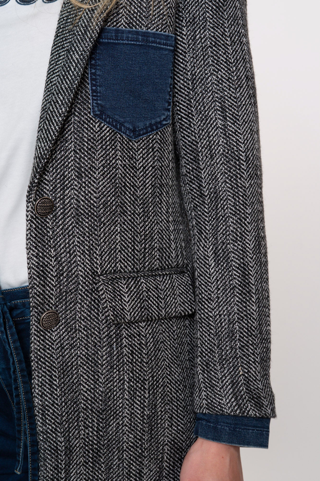 Geisha Damen-Langblazer mit Fischgrätenmuster und Denim-Akzenten