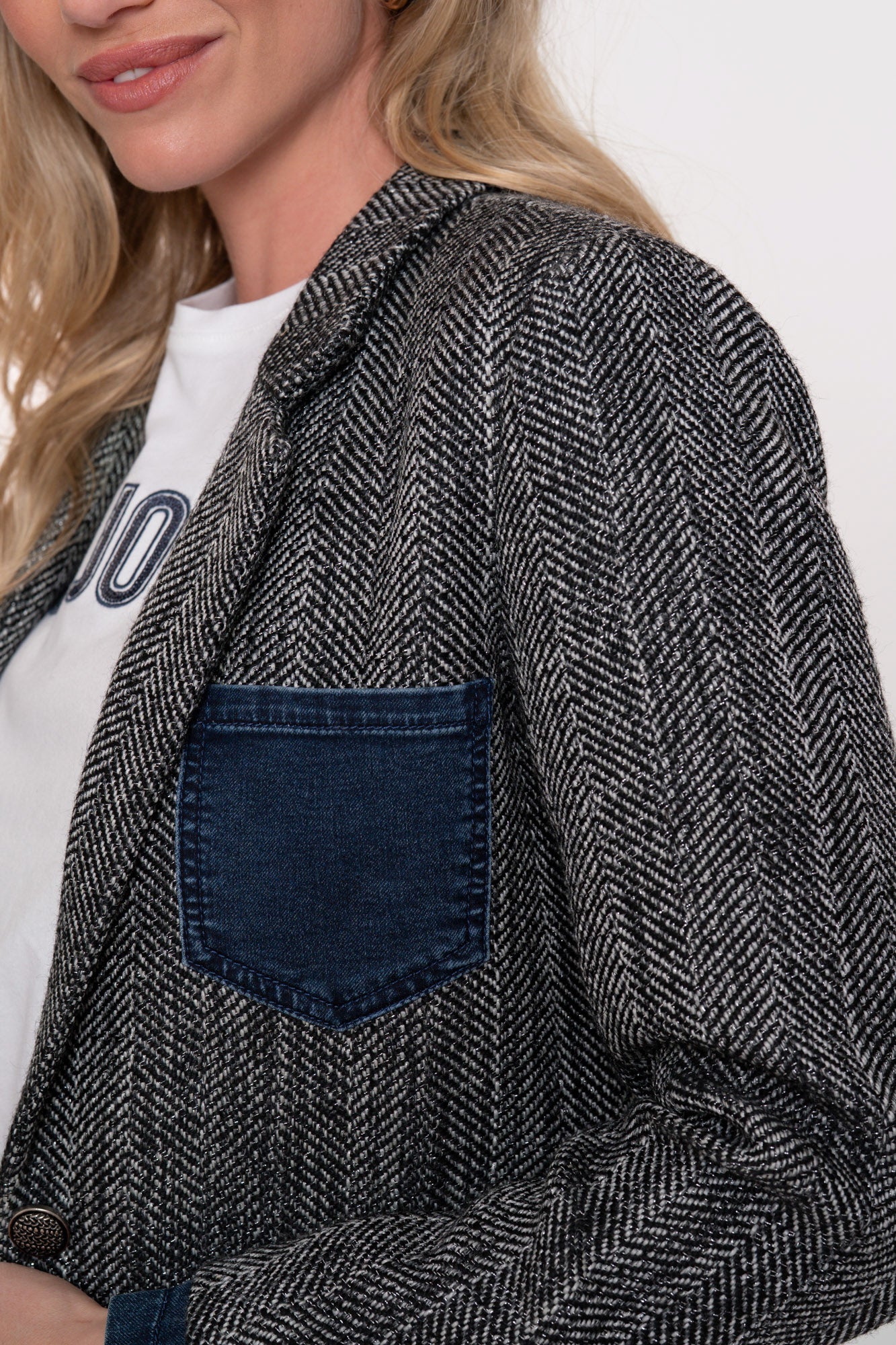 Geisha Damen-Langblazer mit Fischgrätenmuster und Denim-Akzenten