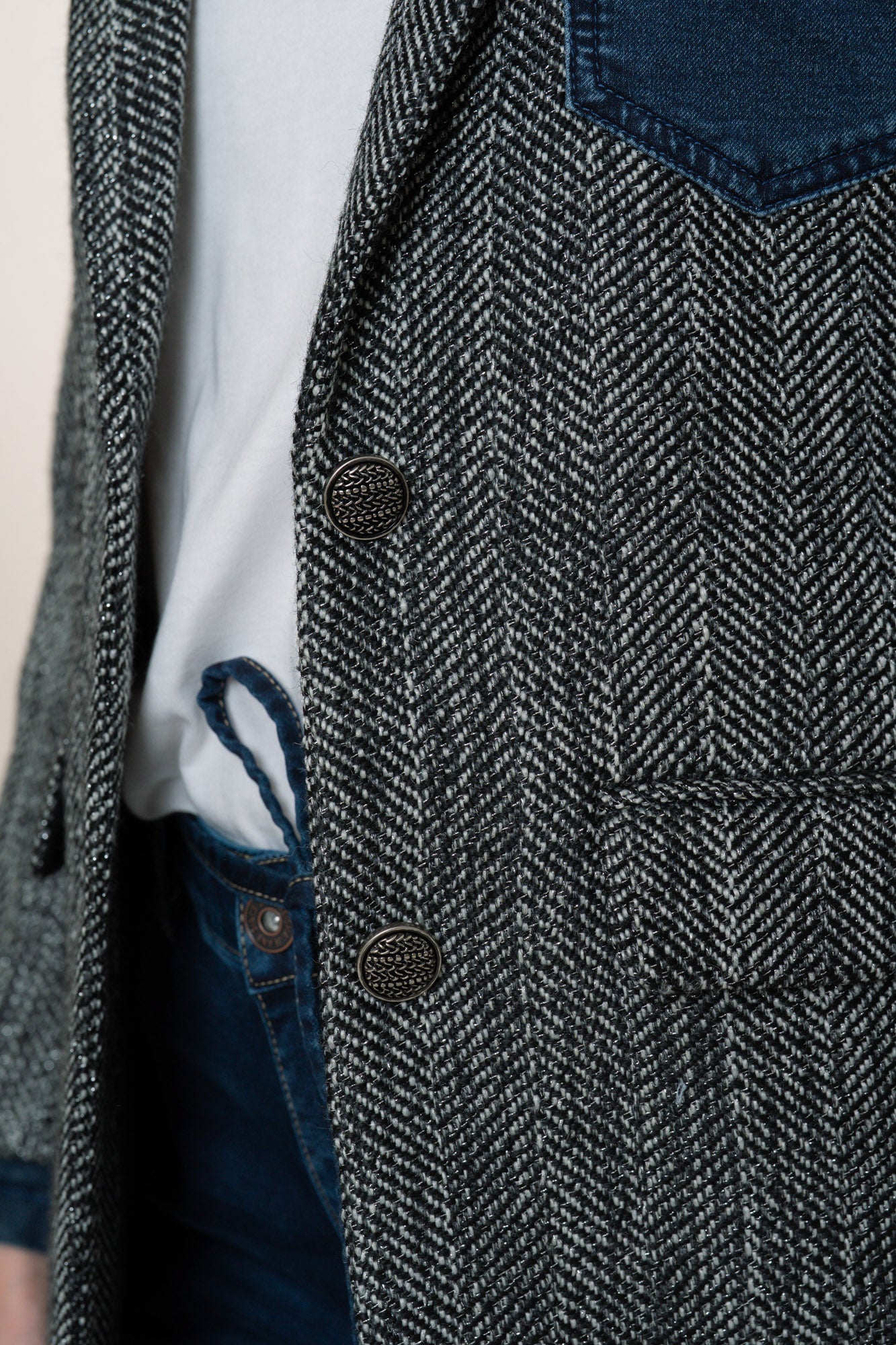 Geisha Damen-Langblazer mit Fischgrätenmuster und Denim-Akzenten