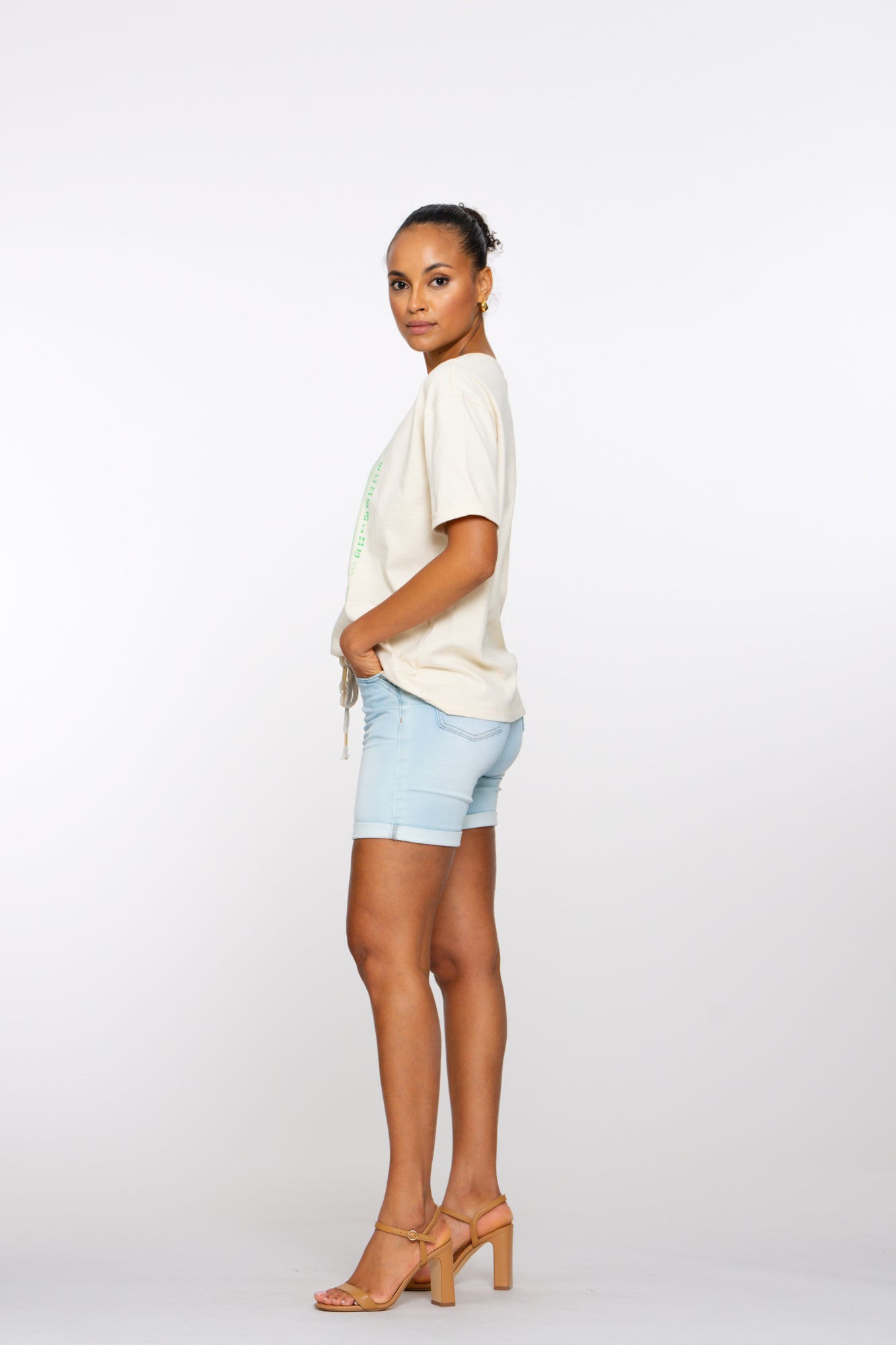Geisha Fashion: Woman modeling shirt and shorts, white background. Text: Wish For Summer.
