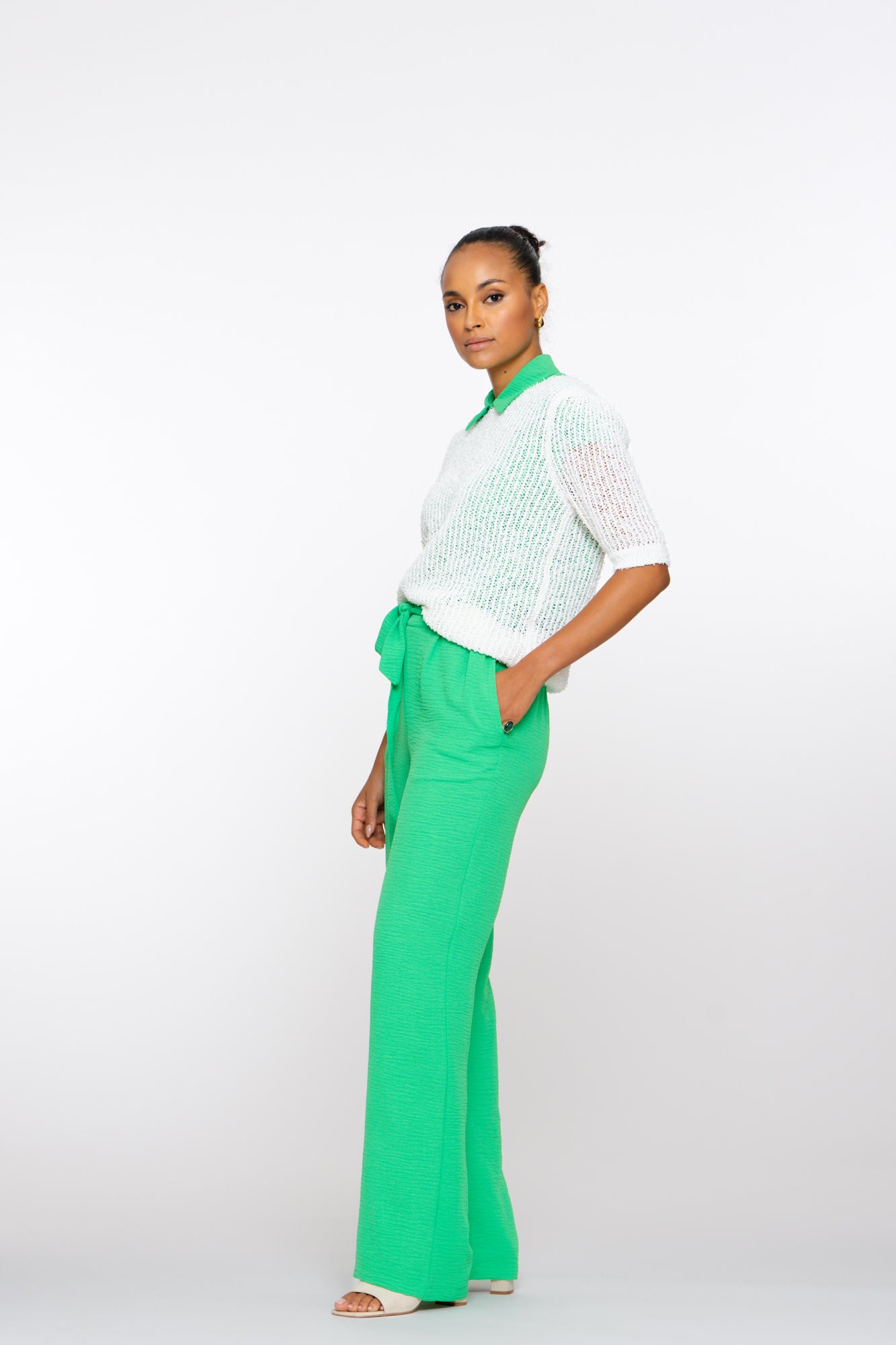 Geisha Fashion Damen Crinkle Hose mit Stoffgürtel
