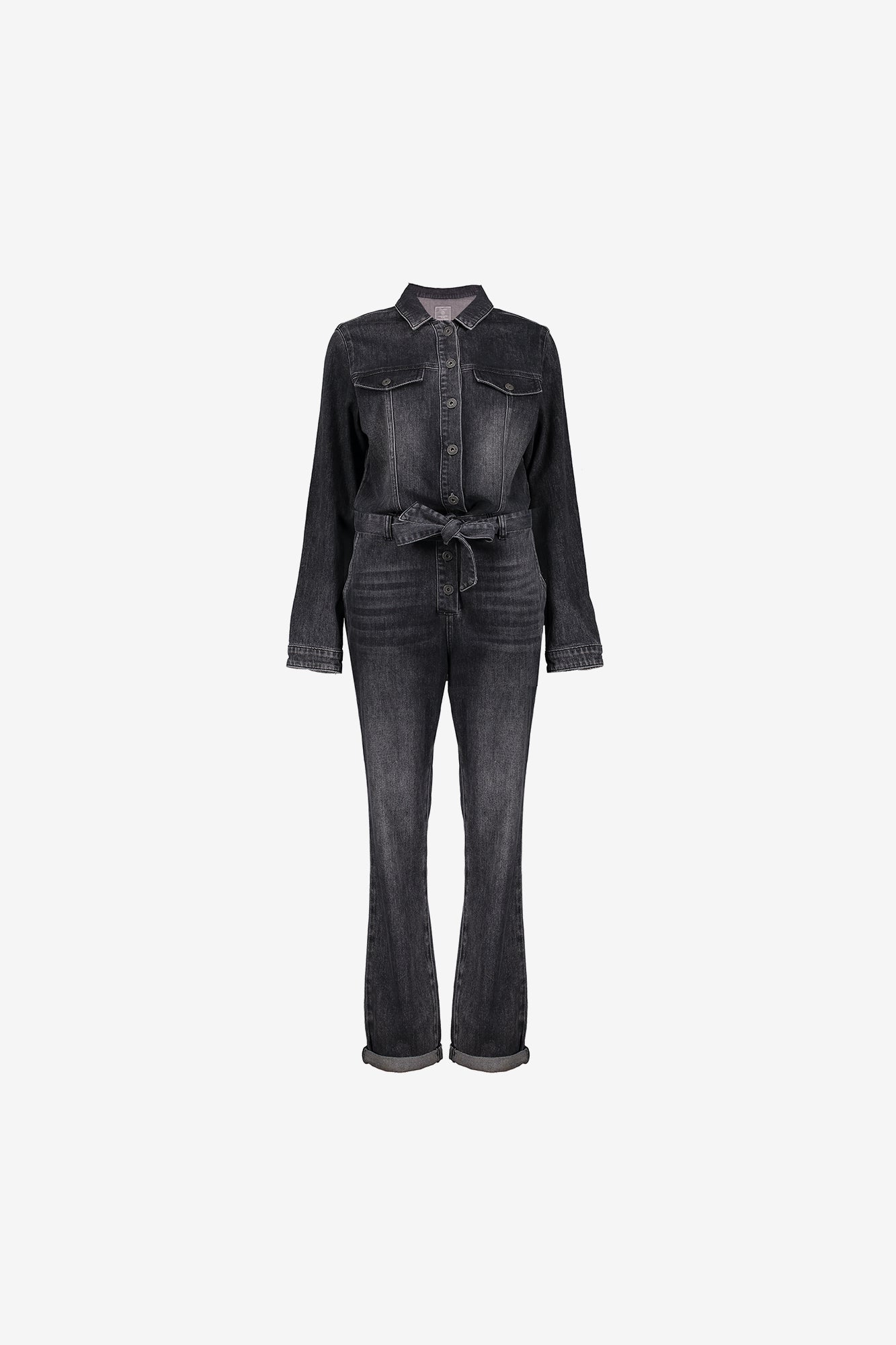 Geisha Damen-Grauer Denim-Jumpsuit mit Gürtel
