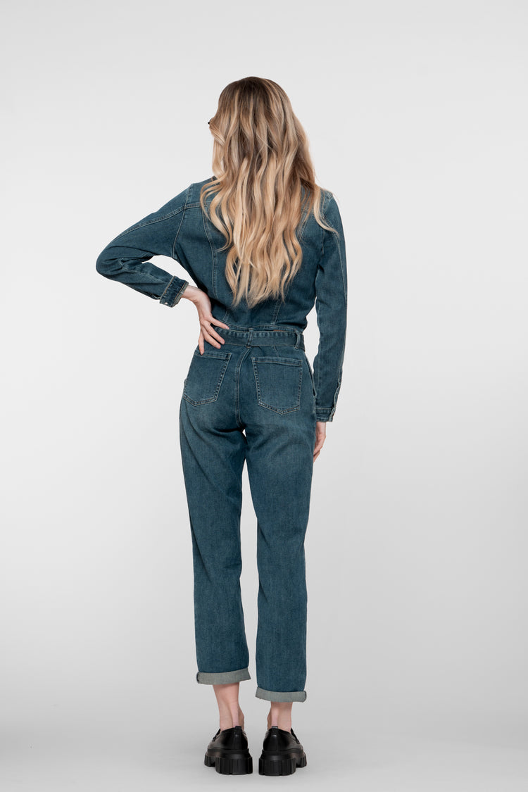 Geisha Damen-Denim-Jumpsuit mit Gürtel