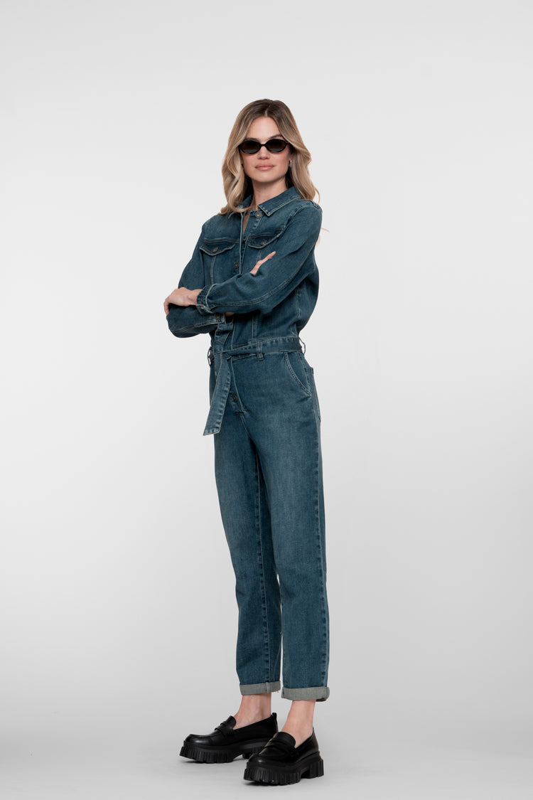 Geisha Damen-Denim-Jumpsuit mit Gürtel