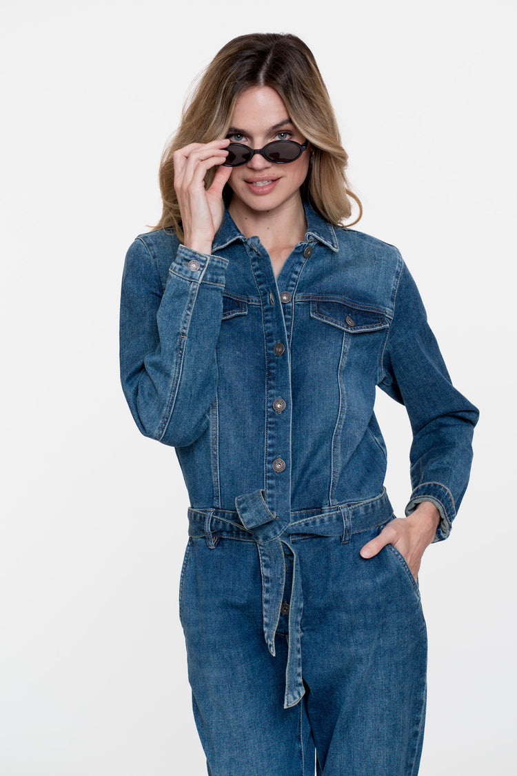 Geisha Damen-Denim-Jumpsuit mit Gürtel