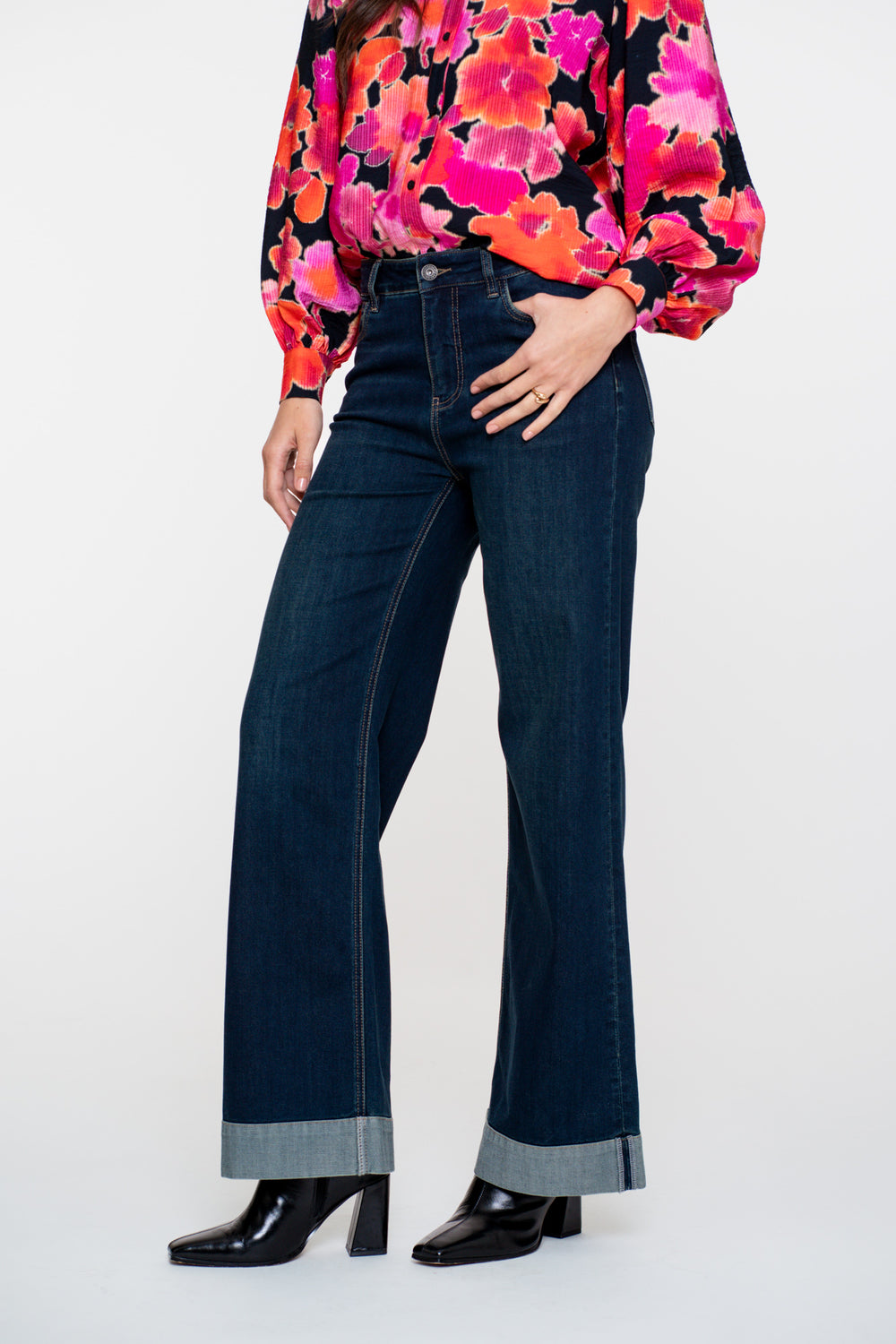 Geisha Damen-Wide-Leg-Jeans mit Umschlag