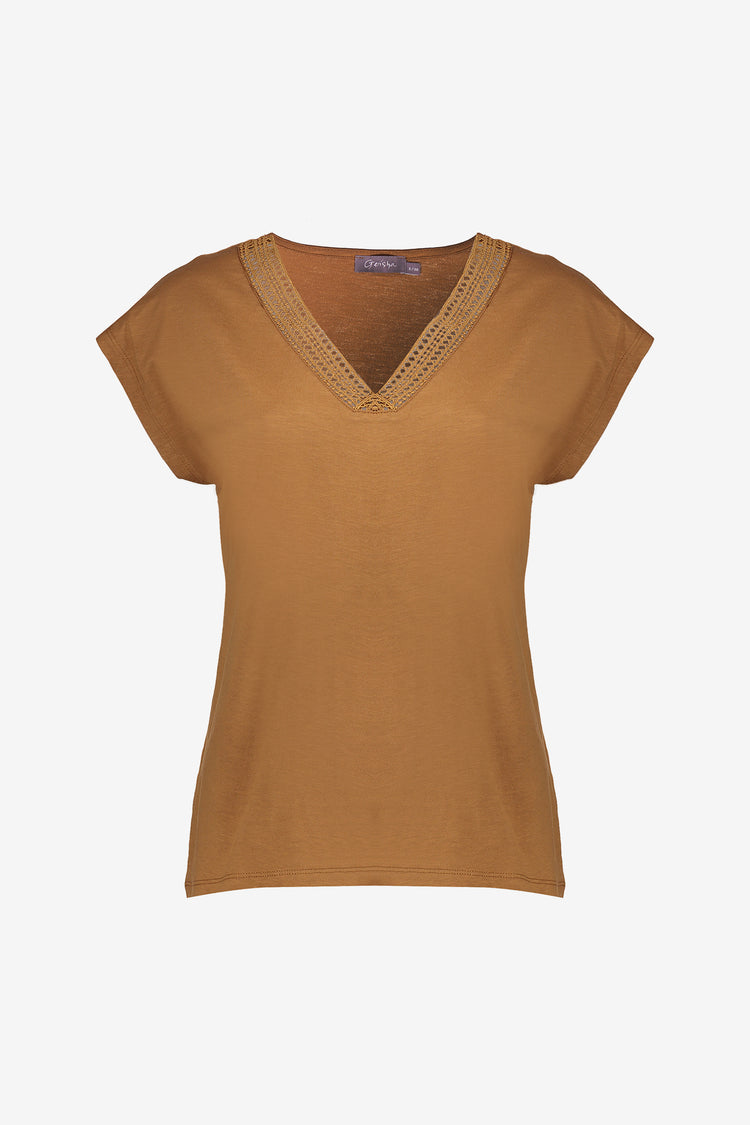 Geisha dames T-shirt met crochet V-hals