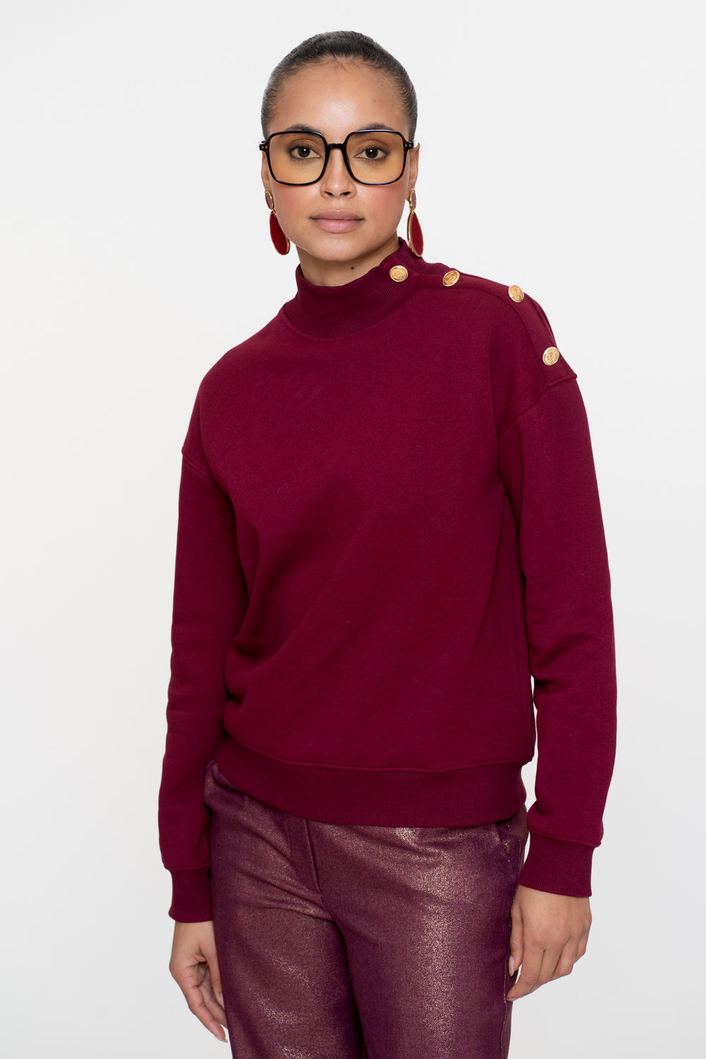Geisha Damen Burgunderrote Strickpullover mit goldenen Knöpfen