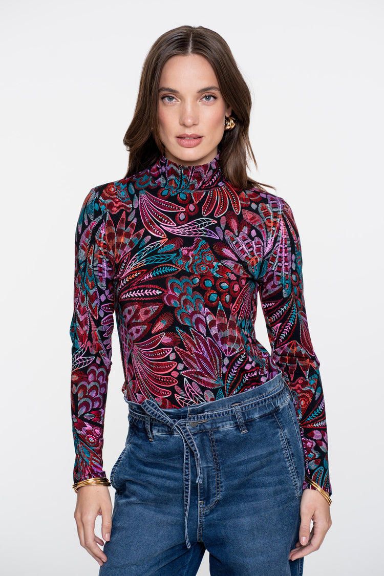 Geisha Damen Top mit Turtleneck und buntem Print