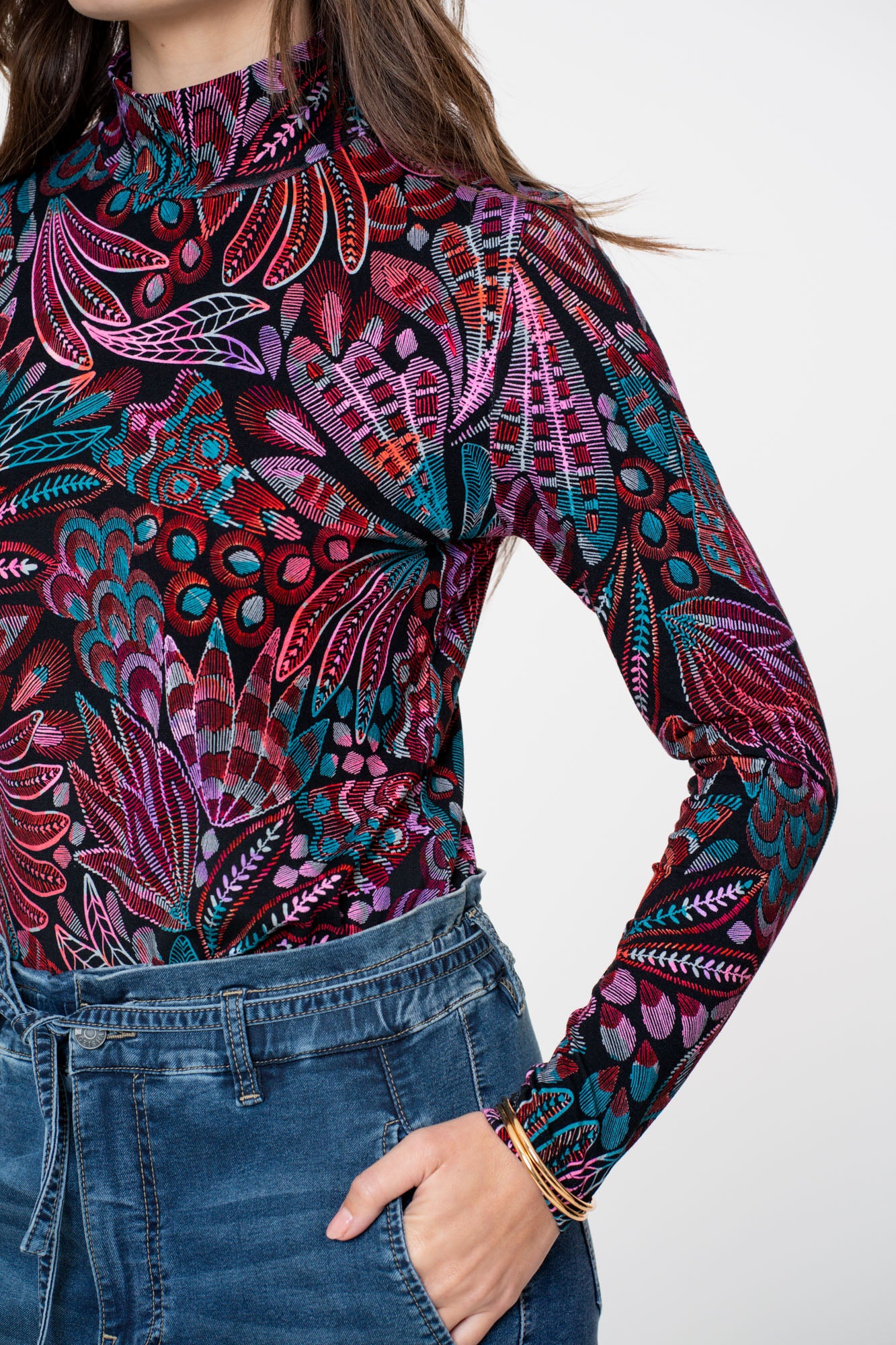 Geisha Damen Top mit Turtleneck und buntem Print