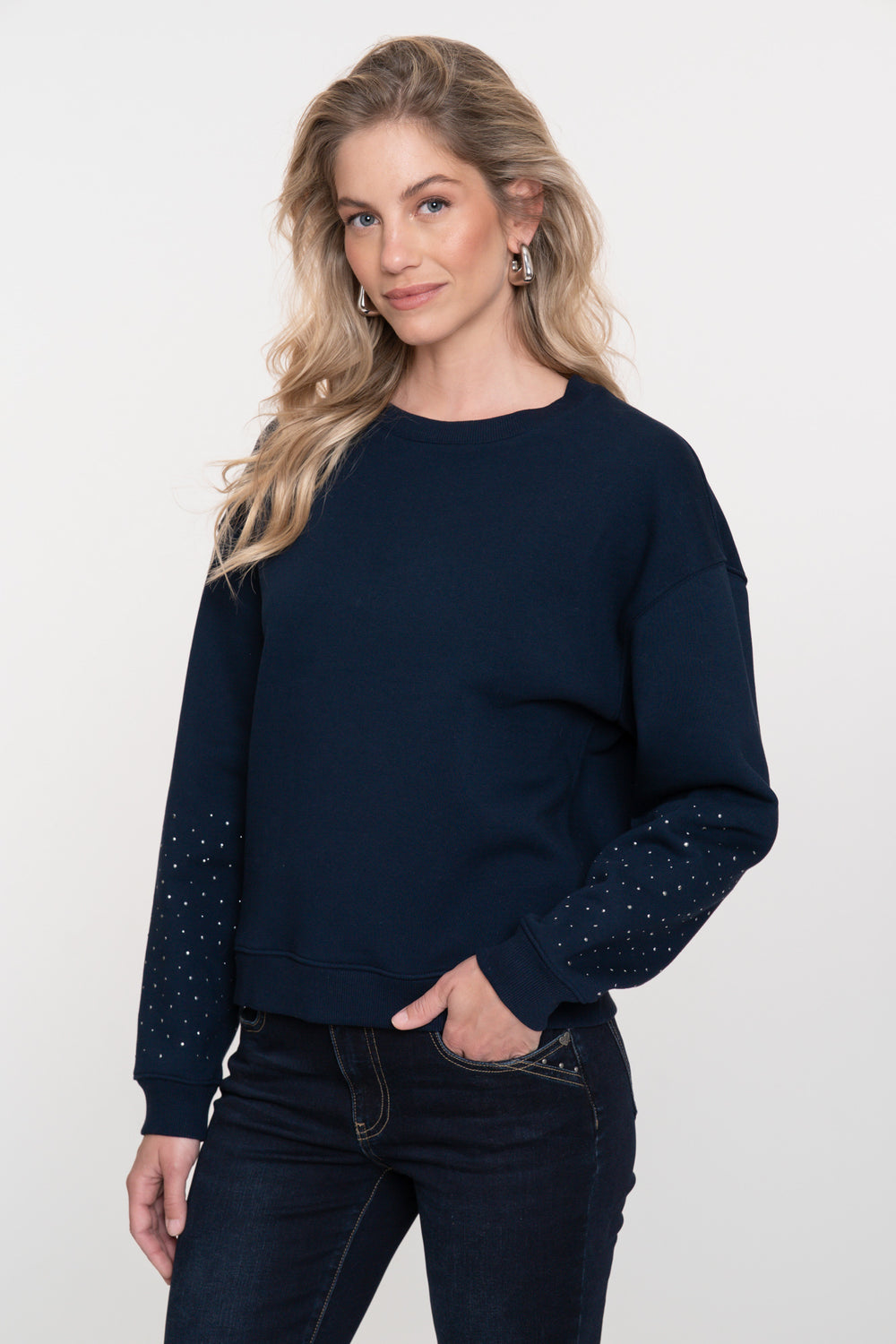 Geisha Damen-Sweater in Marineblau mit Strasssteinen