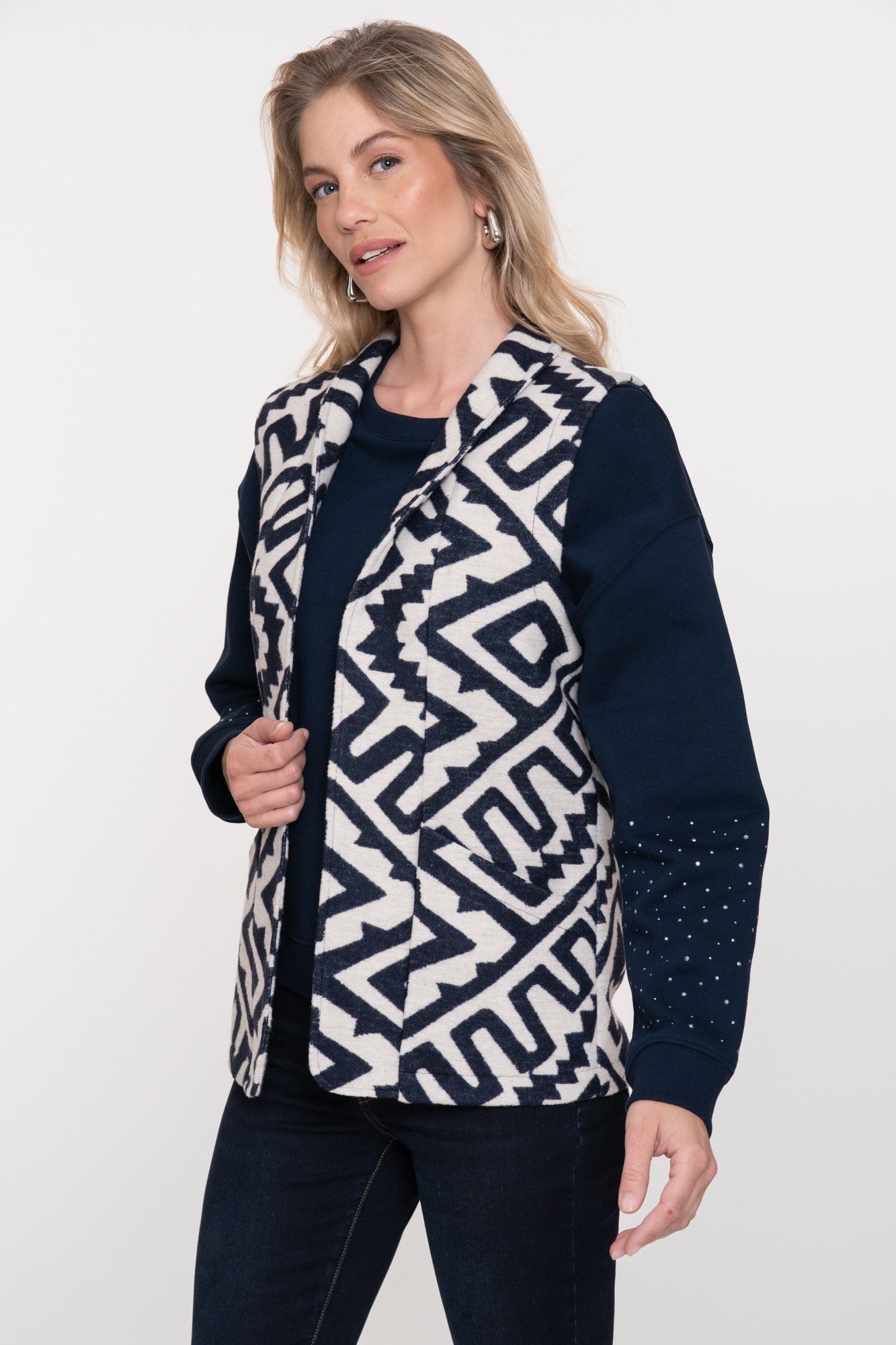 Geisha Damen-Sweater in Marineblau mit Strasssteinen