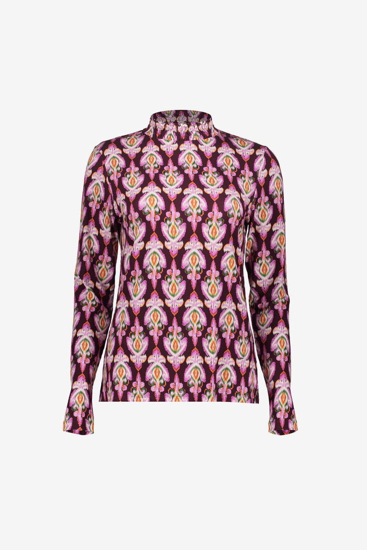 Geisha Damentop mit Smokdetails und Ikat-Muster