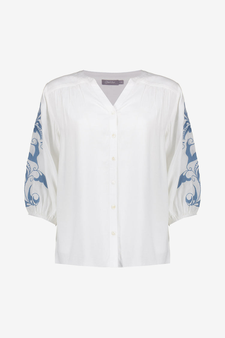 Geisha dames blouse met strepen en bloemmotief