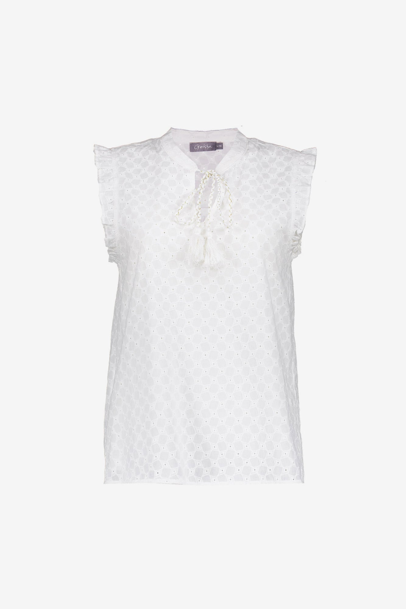 Geisha dames broderie top met sierlijke kwastjes en ruffles