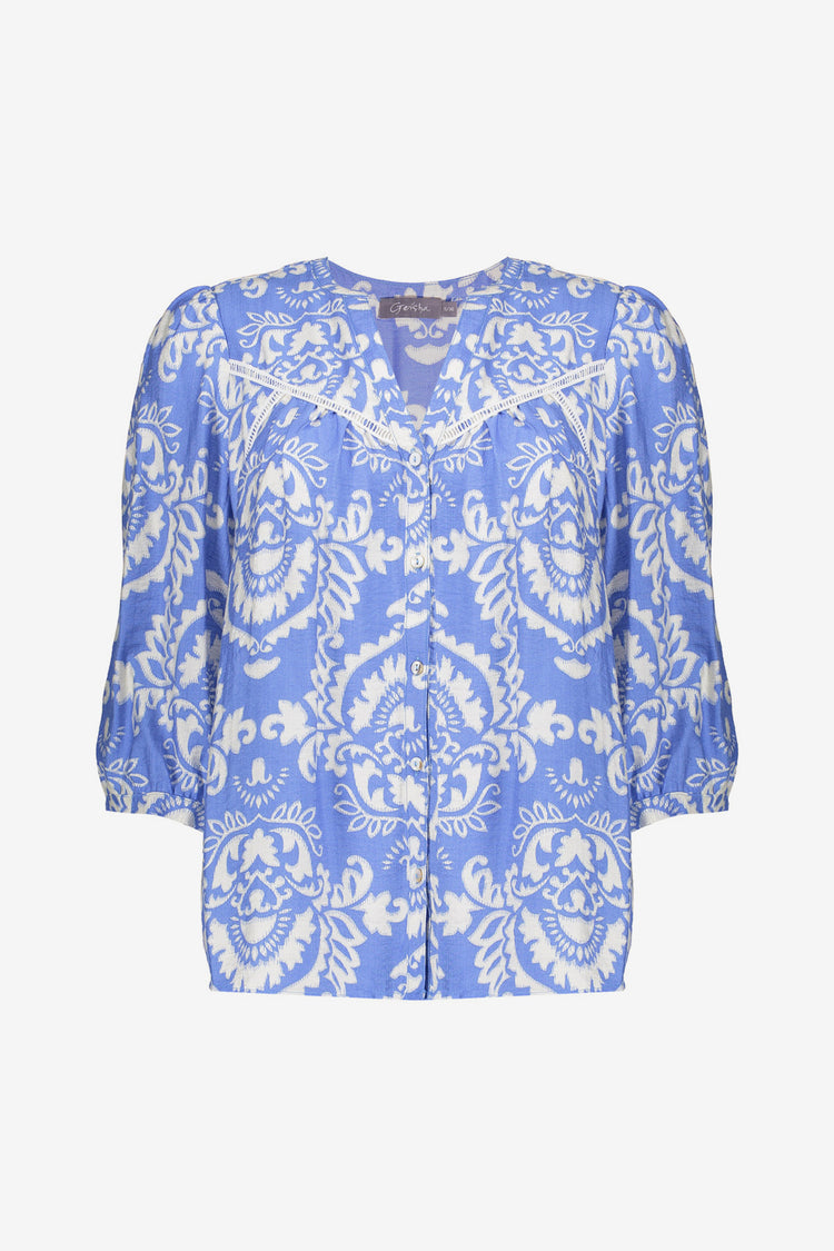 Geisha dames top met V-hals en Ikat print