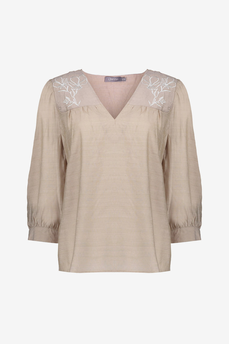 Geisha Fashion Damen Top mit 7/8 Ärmeln und Stickblumen-Detail