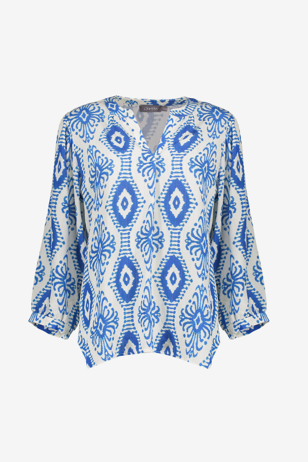 Geisha dames top met V-hals en sierlijke Ikat print
