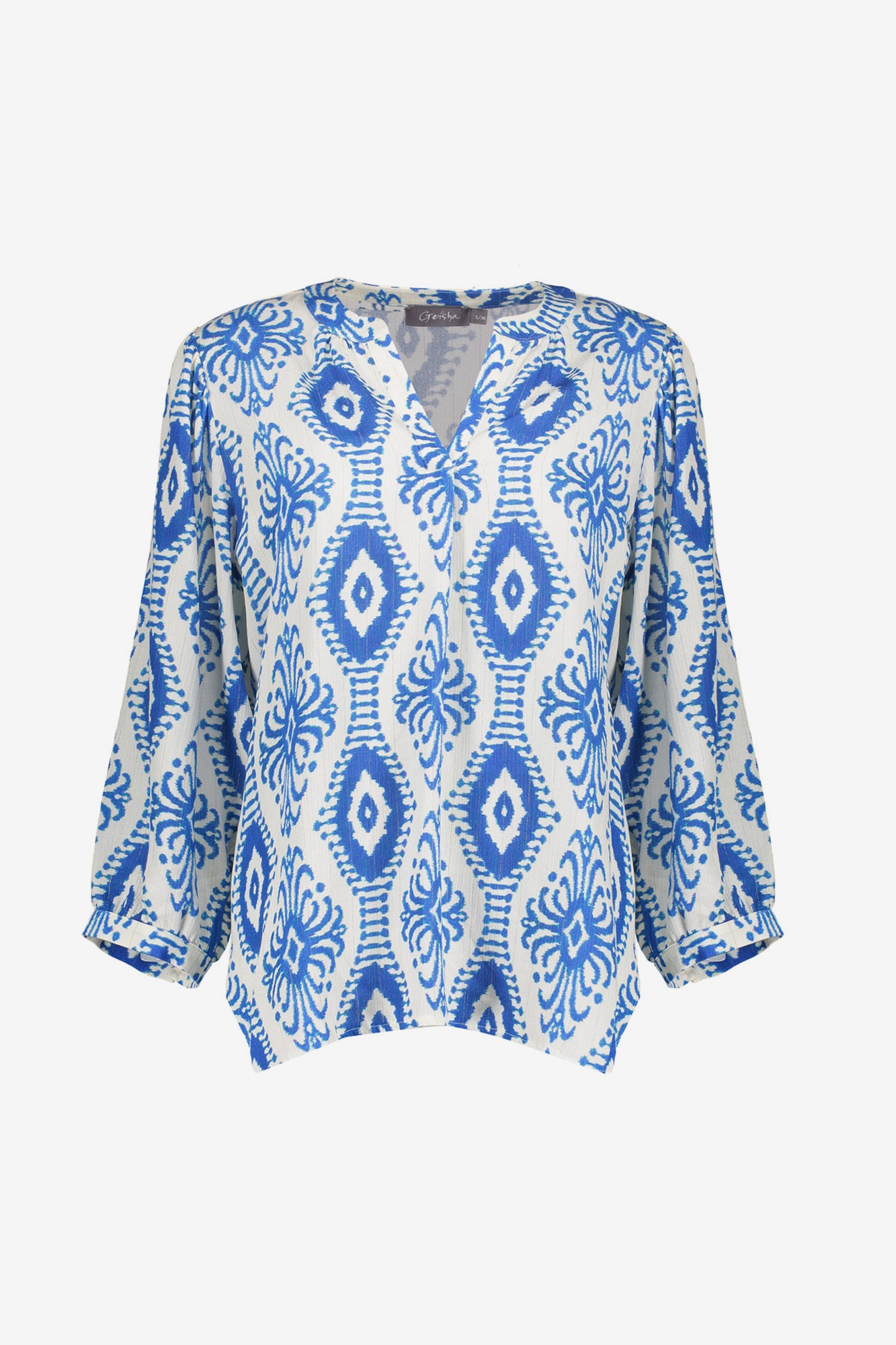Geisha dames top met V-hals en sierlijke Ikat print