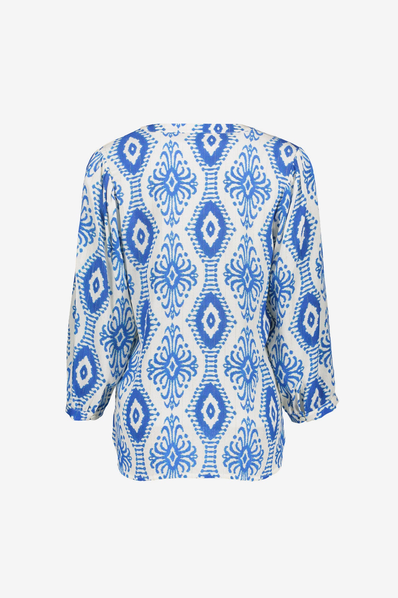 Geisha dames top met V-hals en sierlijke Ikat print