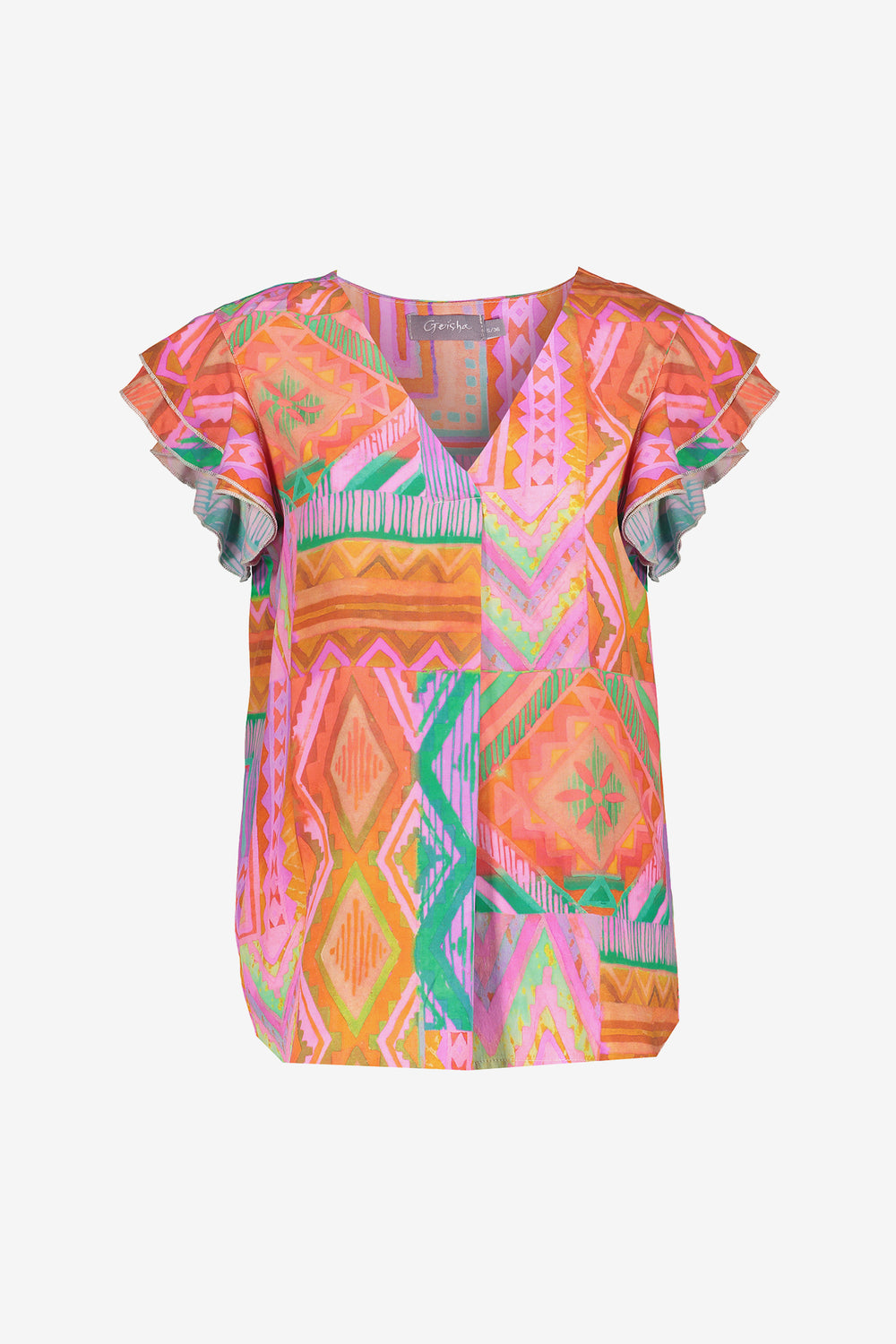 Geisha dames top met sierlijke print en korte ruffle mouwen
