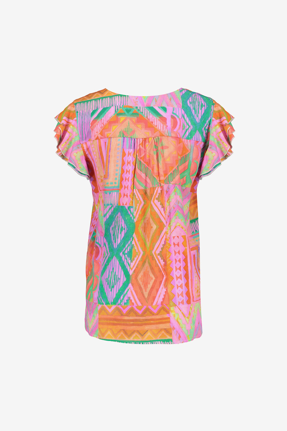 Geisha dames top met sierlijke print en korte ruffle mouwen