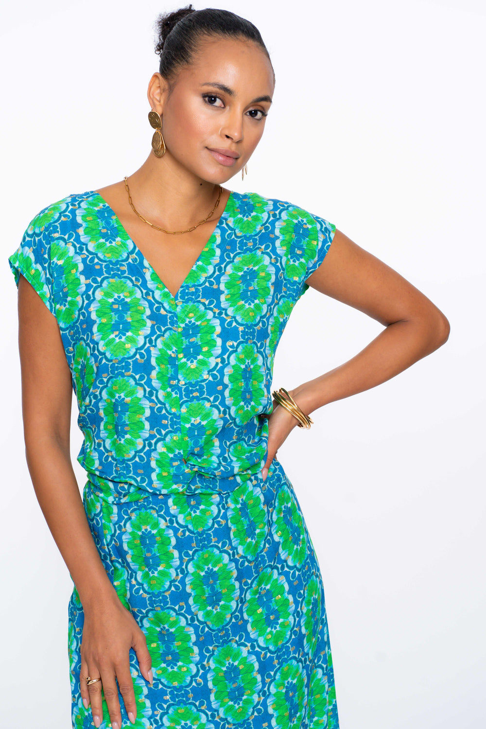Geisha Fashion Damen V-Ausschnitt Top mit Fliesenmuster