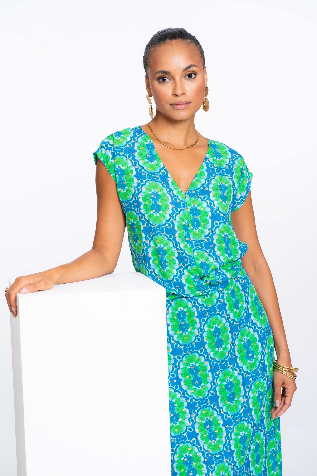 Geisha Fashion Damen V-Ausschnitt Top mit Fliesenmuster