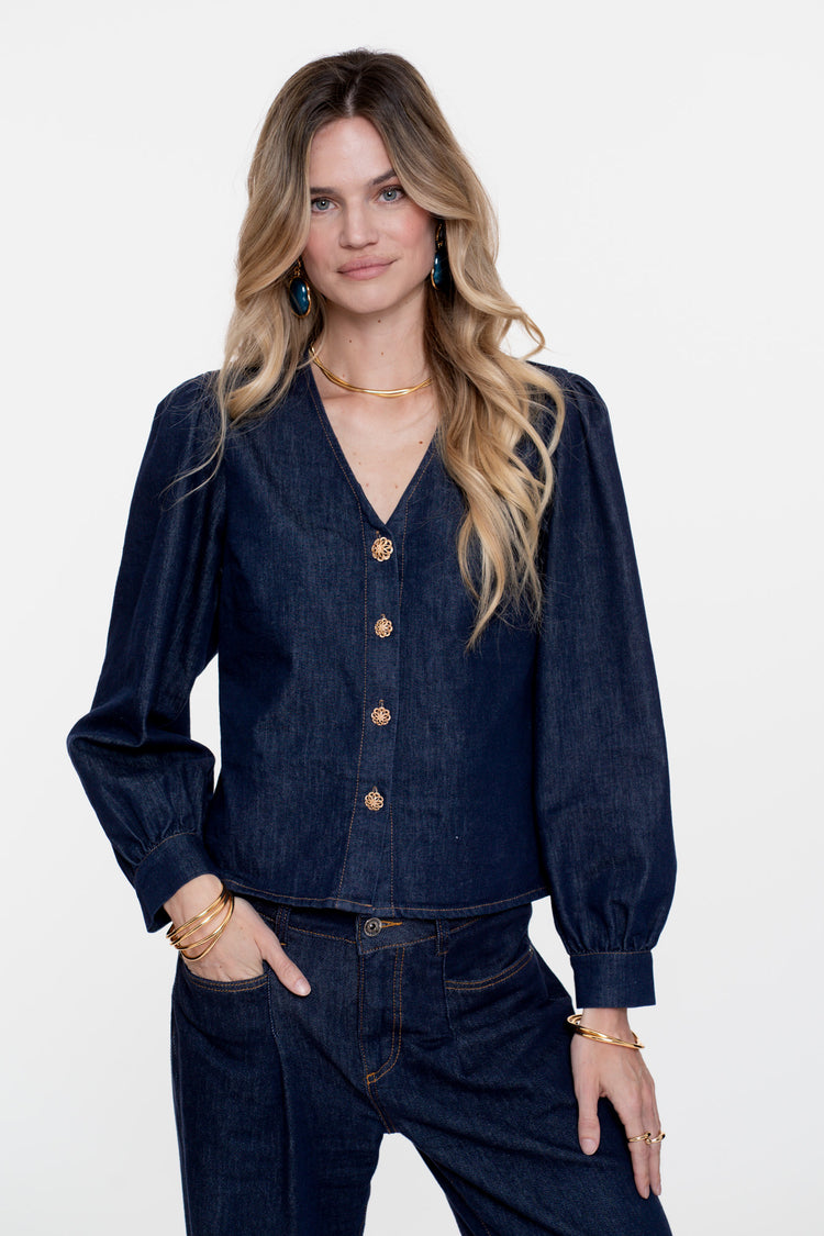 Geisha Damenbluse aus Denim mit goldenen Knöpfen