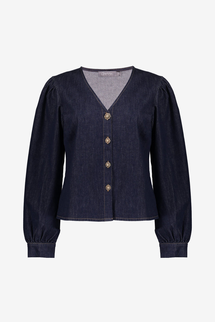 Geisha Damenbluse aus Denim mit goldenen Knöpfen
