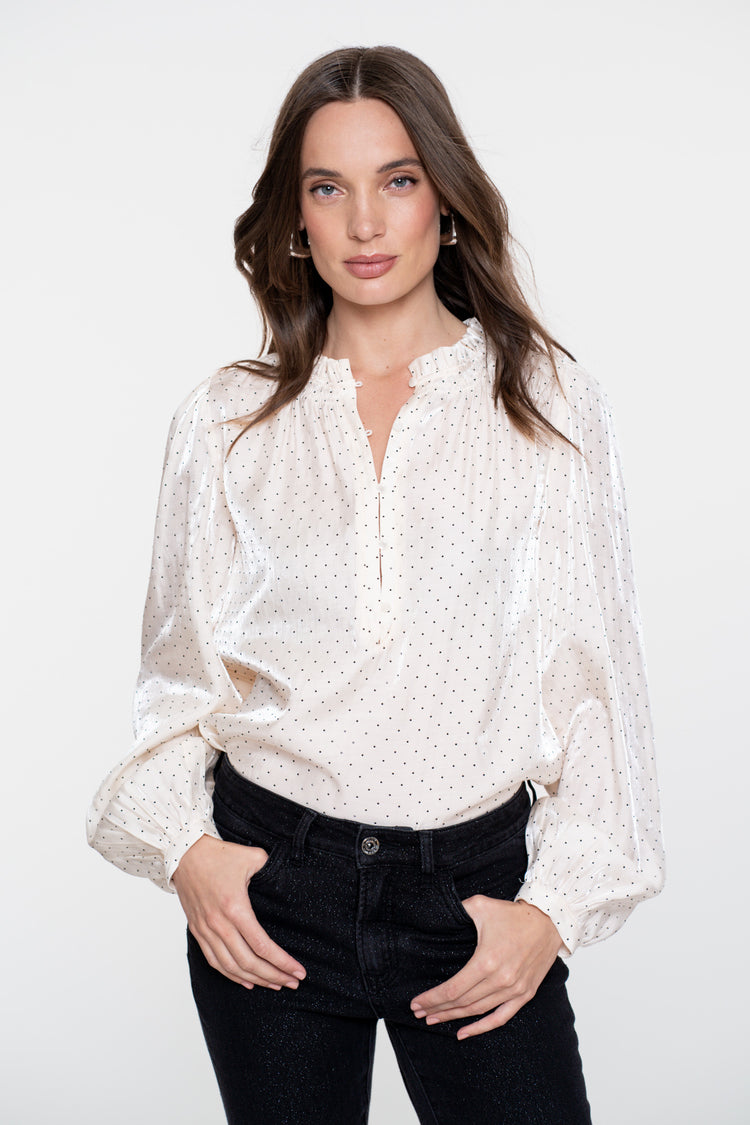 Geisha Damen-Schimmerbluse mit Polkadots und Strasssteinen