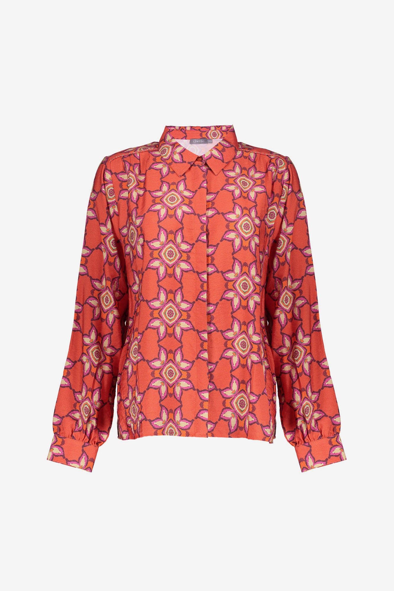 Geisha Damenbluse mit farbenfrohem Ikatmuster