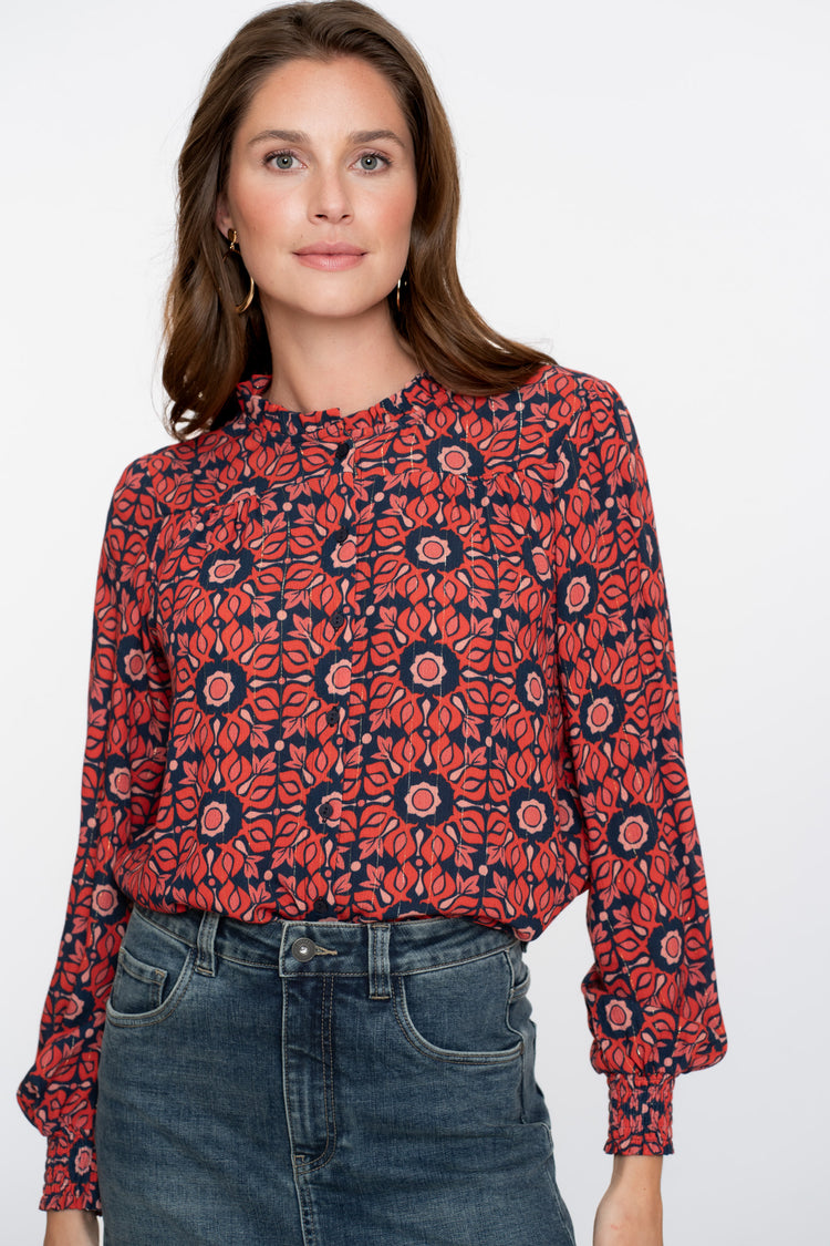 Geisha Damenbluse mit V-Ausschnitt und Rüschenkragen