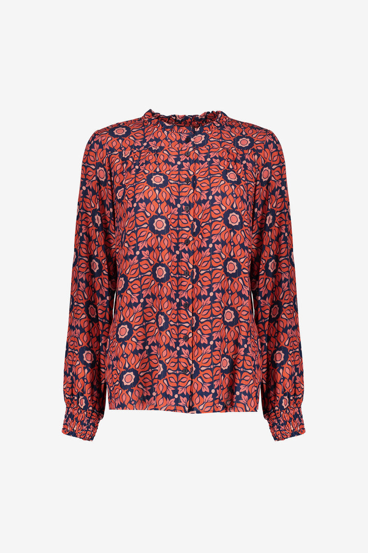 Geisha Damenbluse mit V-Ausschnitt und Rüschenkragen