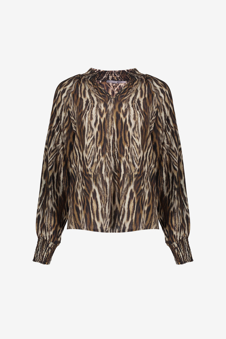 Geisha Damen-Top mit Leoprint und Smokdetails