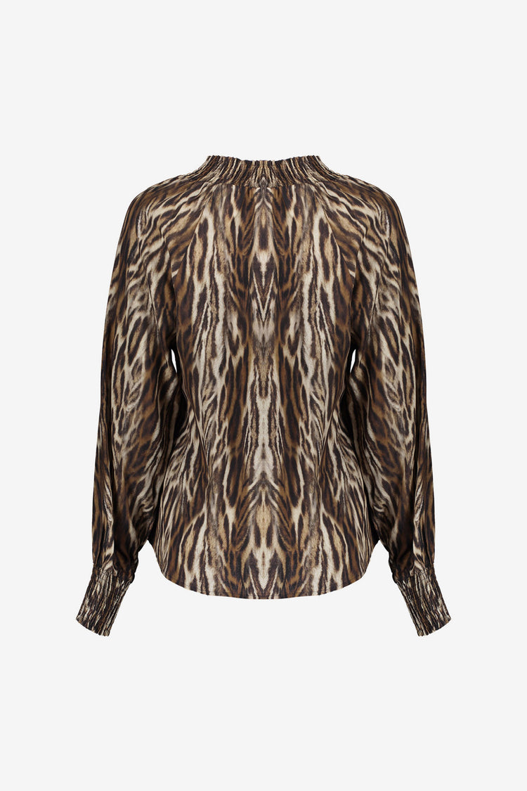 Geisha Damen-Top mit Leoprint und Smokdetails