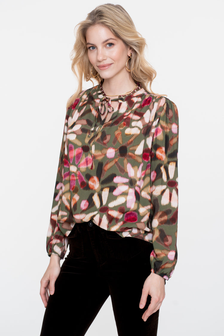 Geisha Damen-Top mit Zierkordel und Ecoline-Print
