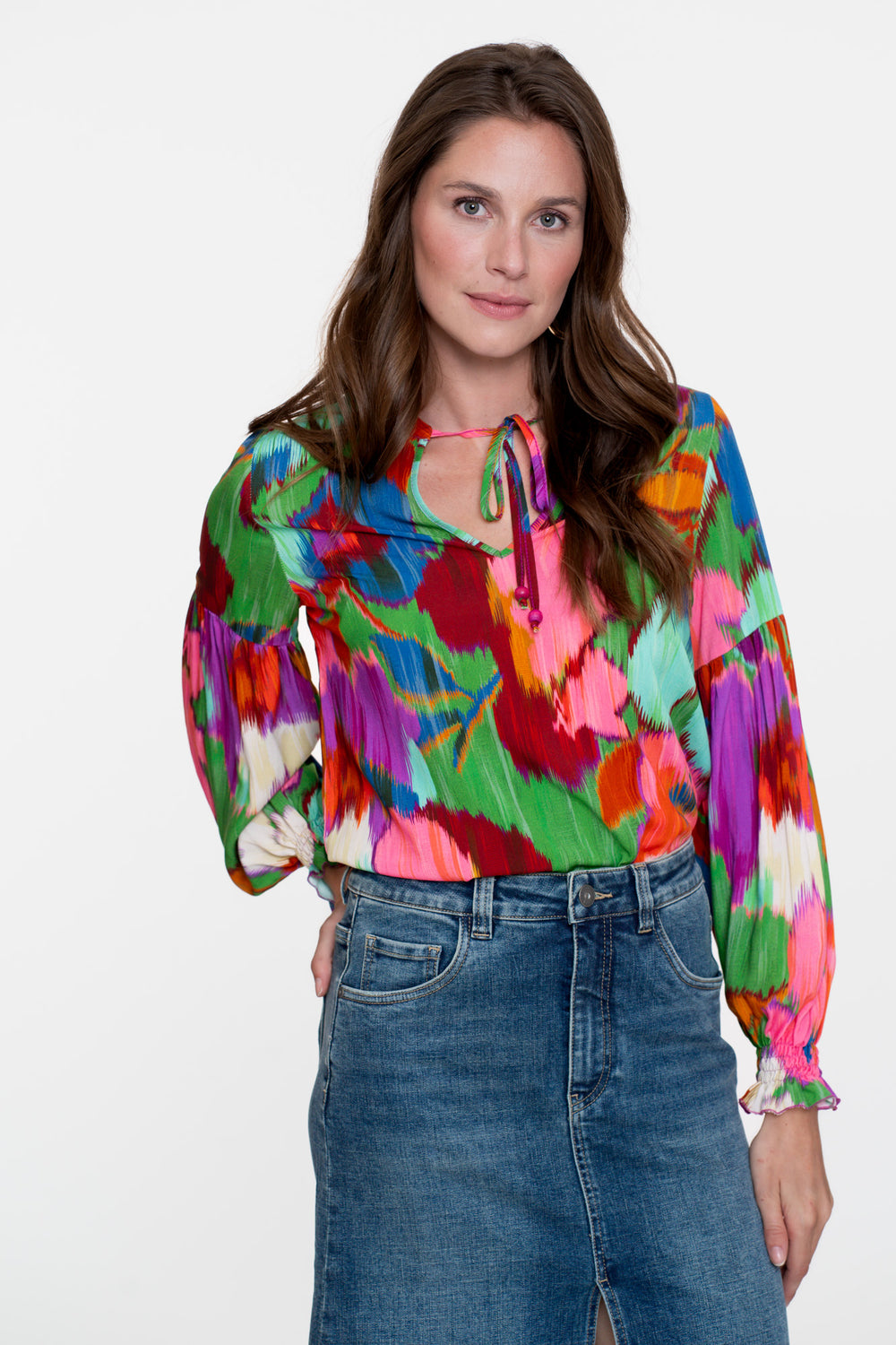 Geisha Damentop mit Ecoline-Print und Zierkordel