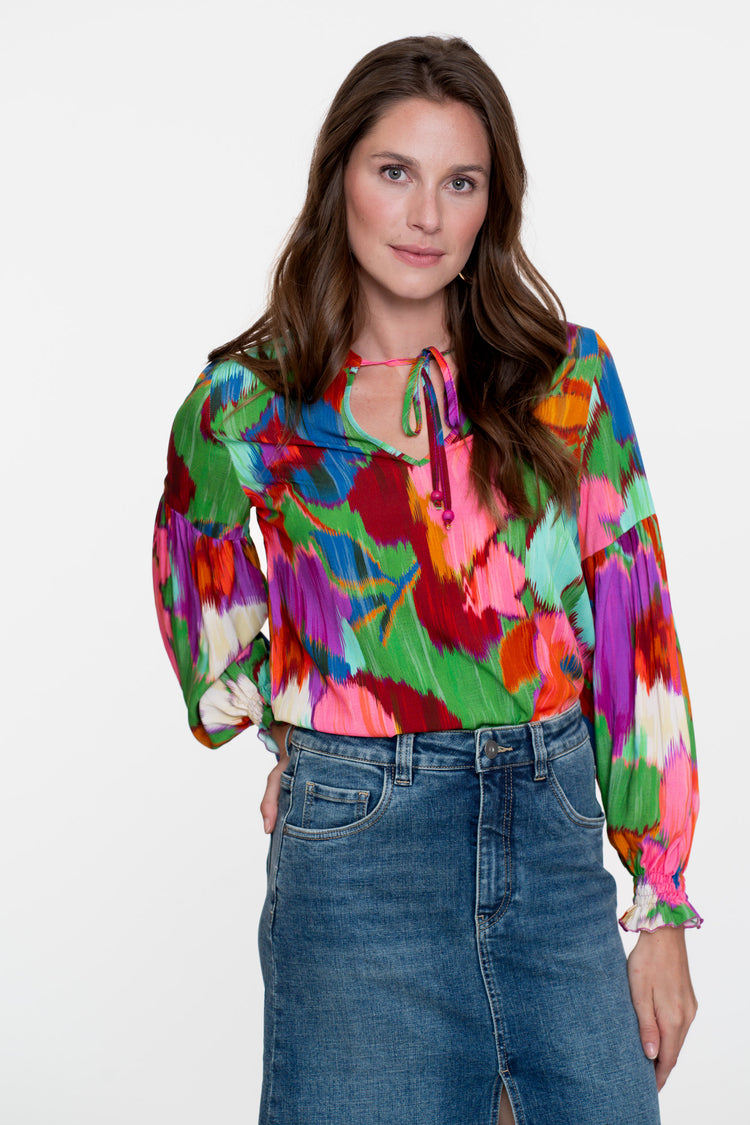 Geisha Damentop mit Ecoline-Print und Zierkordel