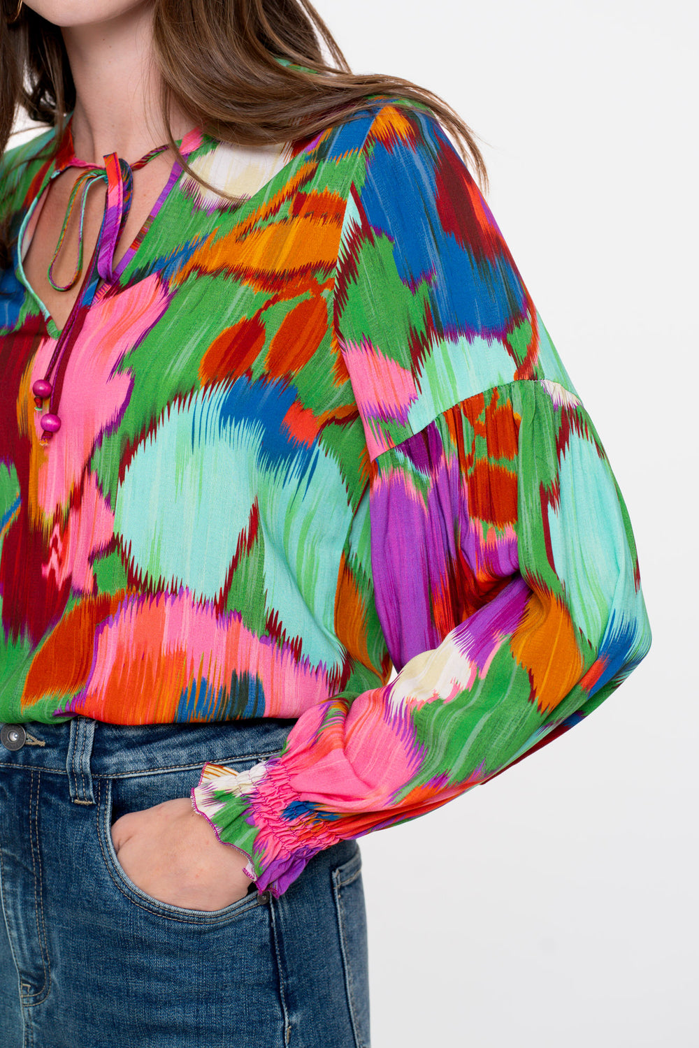 Geisha Damentop mit Ecoline-Print und Zierkordel