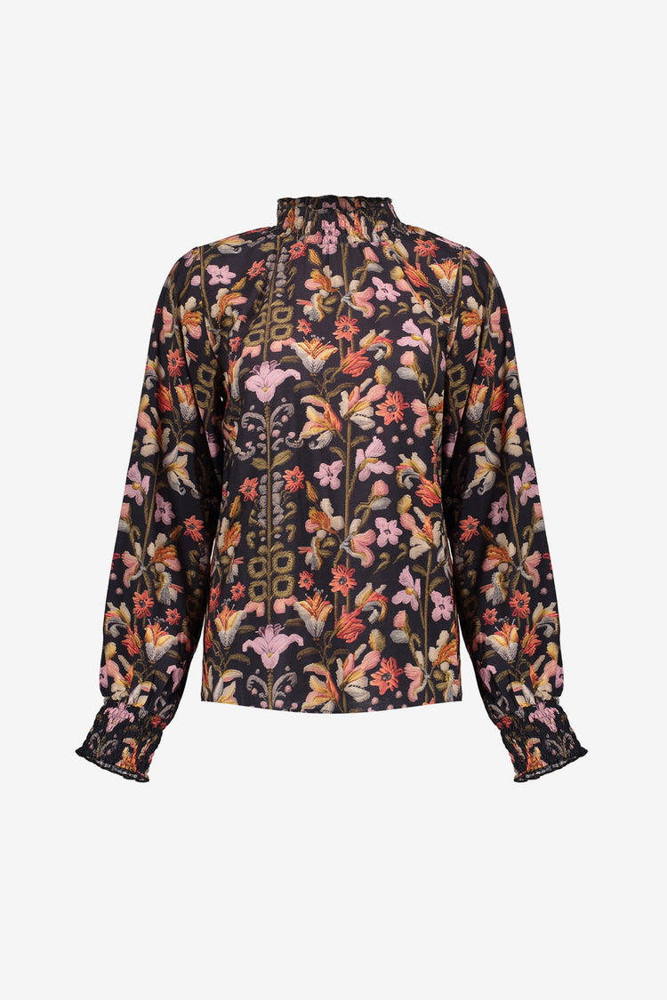 Geisha Damen-Top mit elegantem Print und Smok-Details
