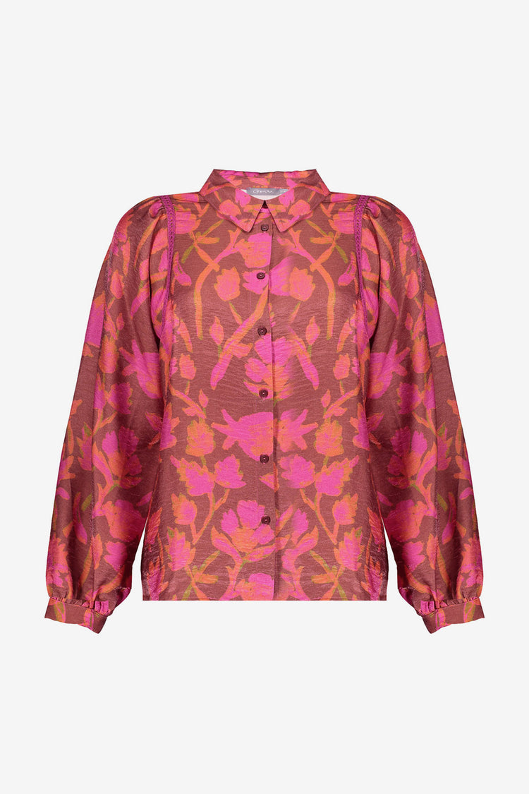 Geisha Damenbluse mit farbenfrohem Blumenmuster und feinen Details