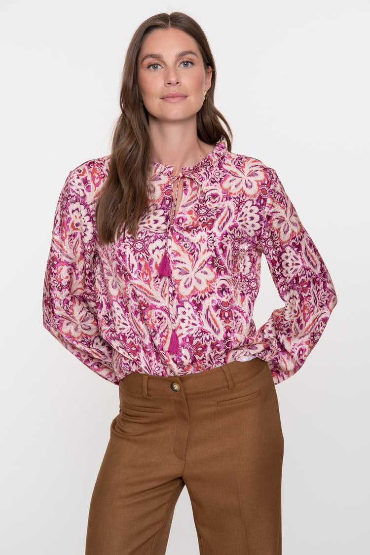 Geisha Damenbluse mit Paisley-Blumenmuster und Rüschen