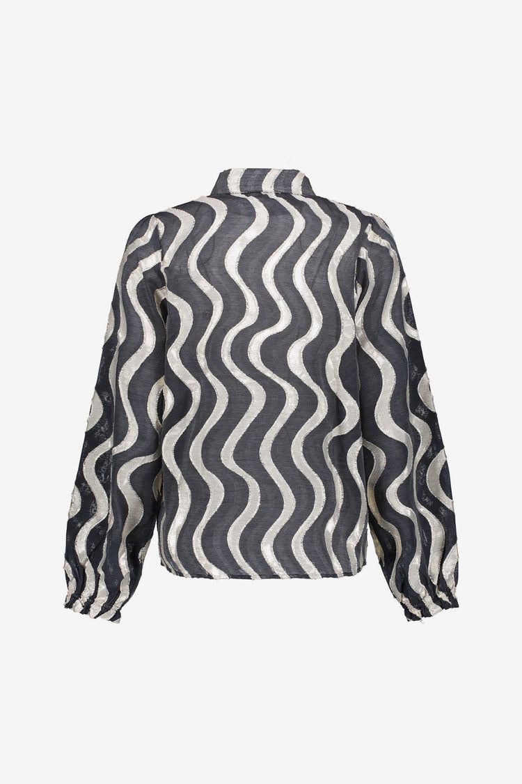 Geisha Damenbluse in Schwarz mit Metallic-Wellenprint und Glanzeffekt