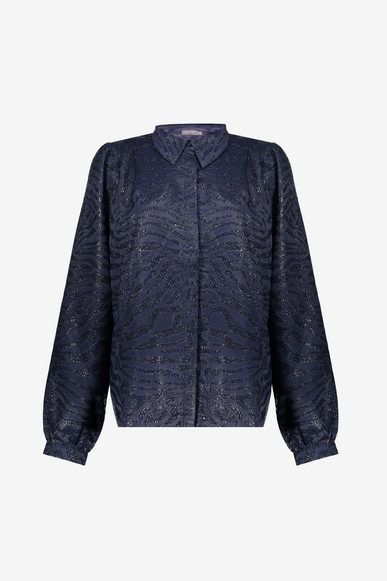 Geisha Damenbluse in Dunkelblau mit glänzendem Zebra-Print